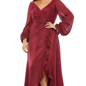Red Long Sleeve V-Neck Gown for Wedding Guest